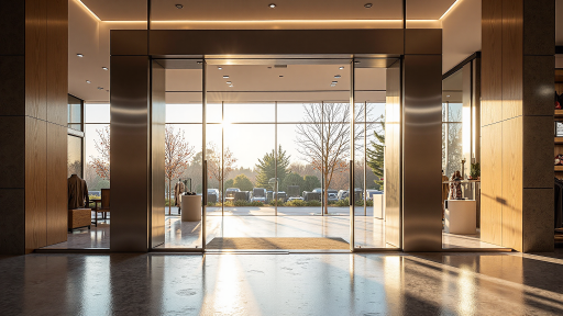 公司办公楼正门全景，现代化建筑外观，门前有绿化带，体现企业规模与实力