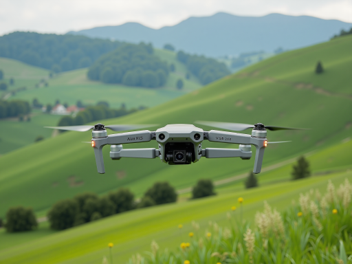 测绘无人机，白色机身，搭载高清摄像头，悬停在山地地形上方，体现测绘勘探功能