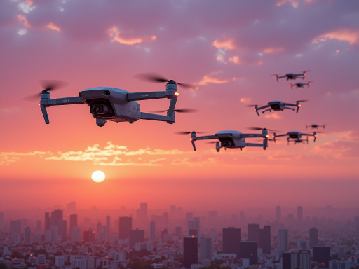 未来科技感无人机编队飞行场景，多架无人机在城市上空整齐排列，体现智能化发展方向